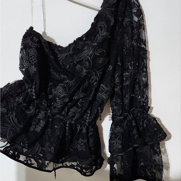 Cynthia Rowley Black lace Beatrix one shoulder ruffle sleeve blouse - Picture 6 of 8